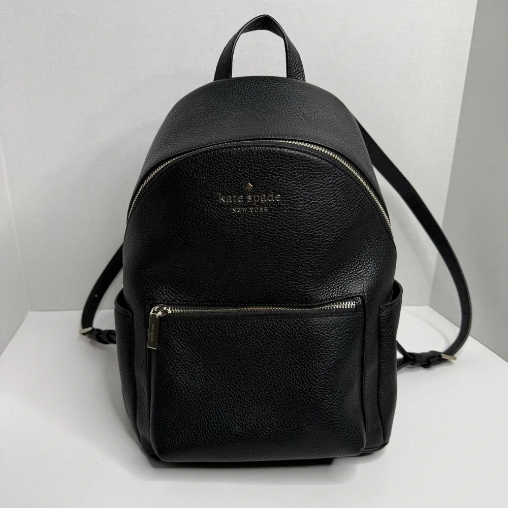 Kate Spade Black Pebbled Leather Backpack Gold Tone Zip S338 Womens
